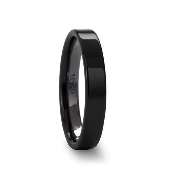 Medium-width flat polished black ceramic ring with glossy finish
