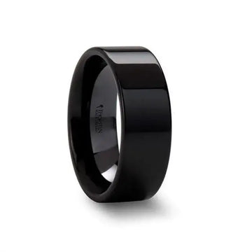Wide black flat ceramic ring with high-polish finish - closeup