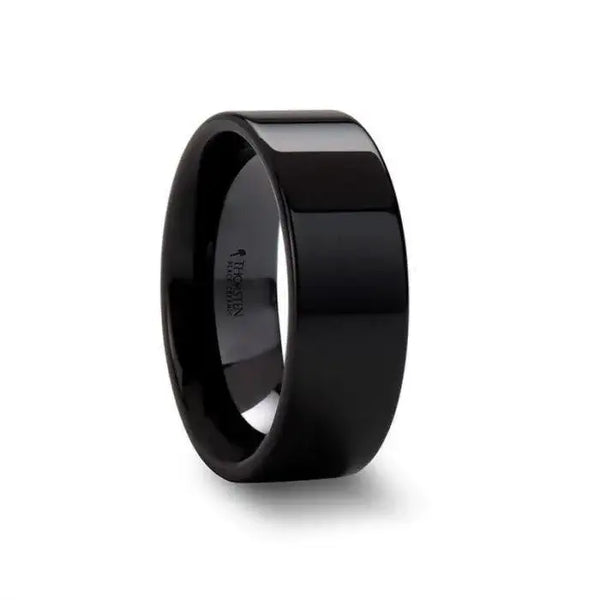 Wide black flat ceramic ring with high-polish finish - closeup