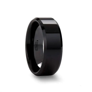 CITAR black ceramic ring, polished finish with beveled edges, angled view