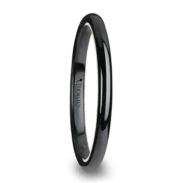 Black domed ceramic wedding band, thin 2 mm width, glossy finish, interior engraved with Thorsten logo
