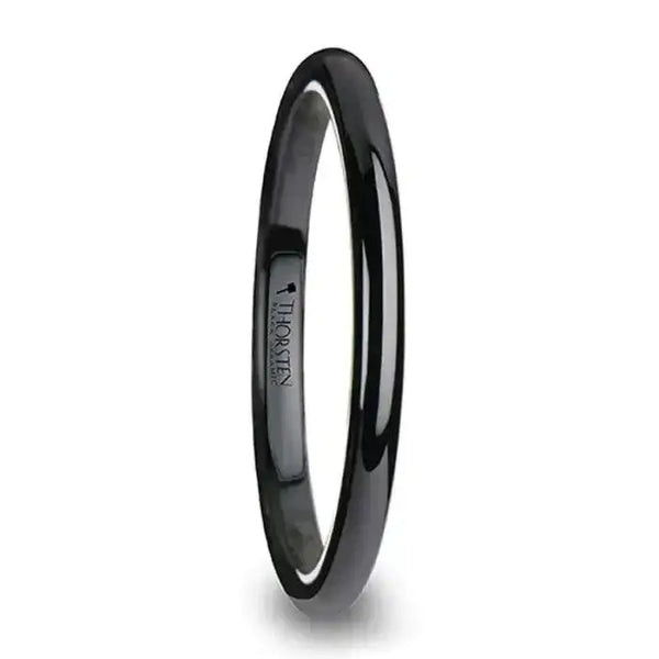 Black domed ceramic wedding band, thin 2 mm width, glossy finish, interior engraved with Thorsten logo