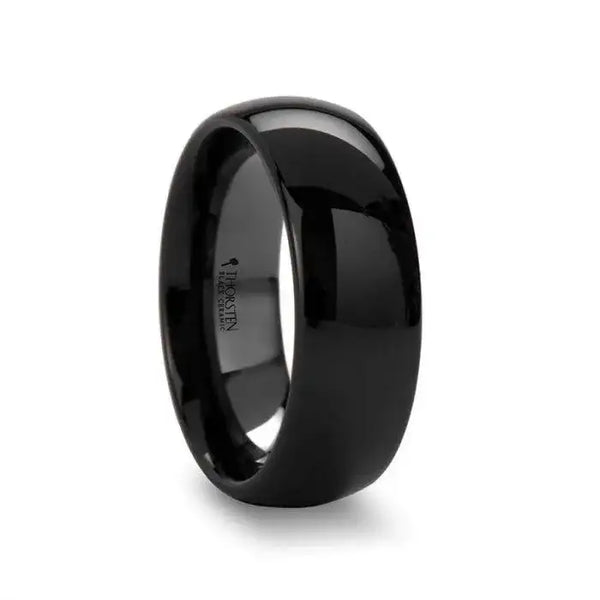 Wide domed black ceramic ring with high-polish finish and Thorsten logo inside