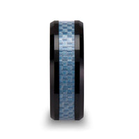 ATTICUS Beveled Blue Carbon Fiber Inlaid Black Ceramic Ring - 8mm - Larson Jewelers