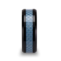 ATTICUS Beveled Blue Carbon Fiber Inlaid Black Ceramic Ring - 8mm - Larson Jewelers