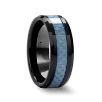 ATTICUS Beveled Blue Carbon Fiber Inlaid Black Ceramic Ring - 8mm - Larson Jewelers