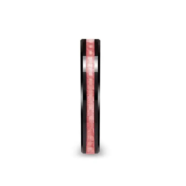 ROSA Women's Beveled Black Ceramic Ring with Pink Carbon Fiber Inlay - 4mm & 6 mm - Larson Jewelers