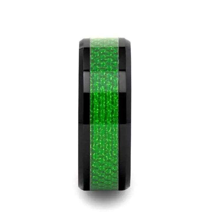 MATLAL Beveled Black Ceramic Ring with Emerald Green Carbon Fiber Inlay - 8mm - Larson Jewelers