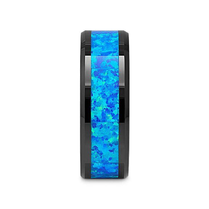 QUANTUM Black Ceramic Ring with Blue Green Opal Inlay - 4mm - 10mm - Larson Jewelers