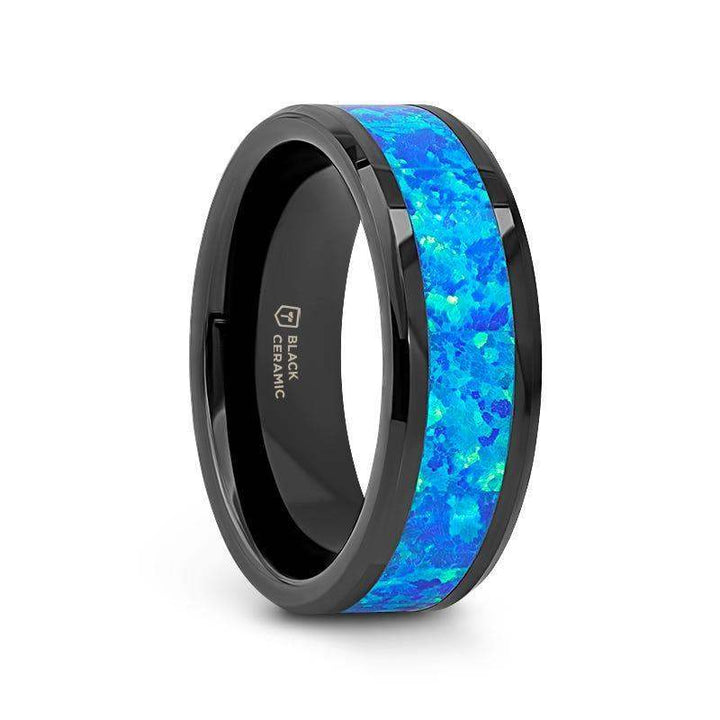 QUANTUM Black Ceramic Ring with Blue Green Opal Inlay - 4mm - 10mm - Larson Jewelers