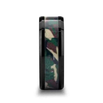 RANGER Beveled Black Ceramic Wedding Ring with Real Military Style Jungle Camo - 6mm - 10mm - Larson Jewelers