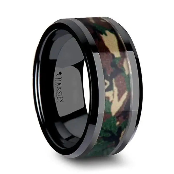 RANGER Beveled Black Ceramic Wedding Ring with Real Military Style Jungle Camo - 6mm - 10mm - Larson Jewelers