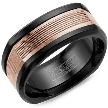 14k Rose Gold Squared Polished Center Grooved Black Cobalt Men’s Wedding Band by Crown Ring - 9mm - Larson Jewelers