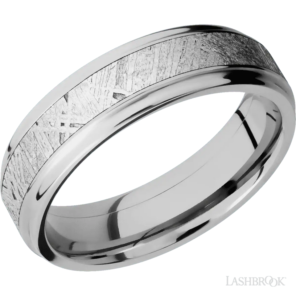 Cobalt Chrome with Polish Finish and Meteorite Inlay Flat Grooved Edges - 6MM - Larson Jewelers