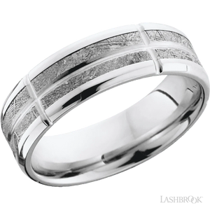 Cobalt Chrome beveled band with a meteorite inlay and grooves - 7MM - Larson Jewelers
