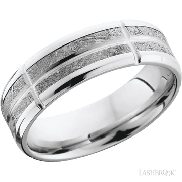 Cobalt Chrome beveled band with a meteorite inlay and grooves - 7MM - Larson Jewelers
