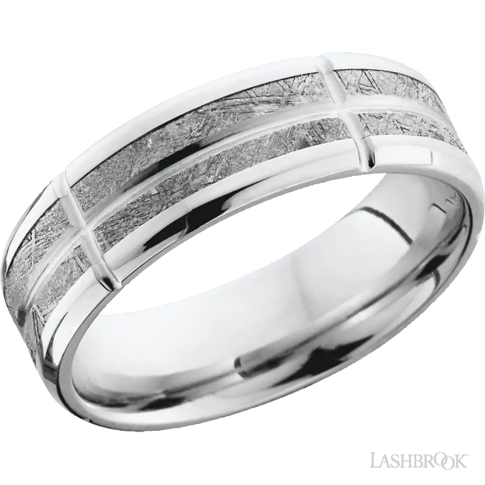 Cobalt Chrome beveled band with a meteorite inlay and grooves - 7MM - Larson Jewelers