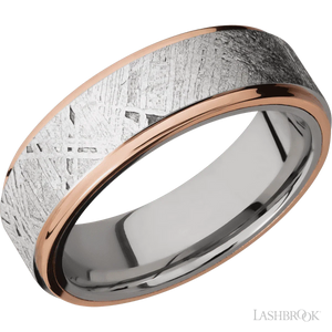Cobalt Chrome Flat Band with 14K Rose Gold Edges and a Meteorite Inlay - 7MM - Larson Jewelers