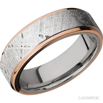 Cobalt Chrome Flat Band with 14K Rose Gold Edges and a Meteorite Inlay - 7MM - Larson Jewelers
