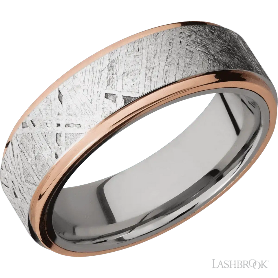 Cobalt Chrome Flat Band with 14K Rose Gold Edges and a Meteorite Inlay - 7MM - Larson Jewelers