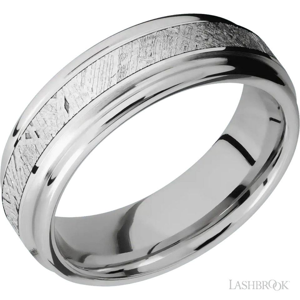 Cobalt Chrome with Polish , Polish Finish Flat Rounded Edges and Meteorite Inlay - 7MM - Larson Jewelers
