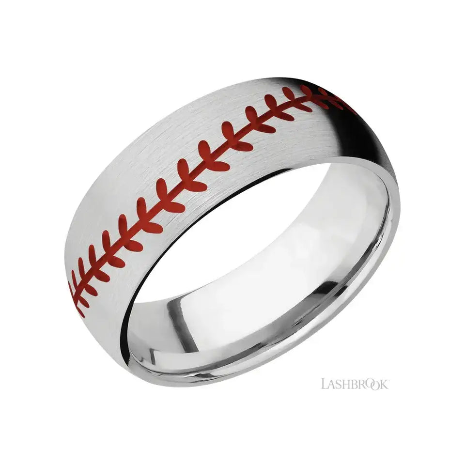 EASTON Cobalt Chrome Red Baseball Pattern Inlay by Lashbrook Designs - 8mm - Larson Jewelers