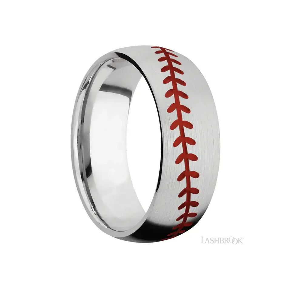 EASTON Cobalt Chrome Red Baseball Pattern Inlay by Lashbrook Designs - 8mm - Larson Jewelers