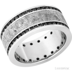 Cobalt Chrome flat band with a meteorite inlay and black diamonds channel set - 8MM - Larson Jewelers