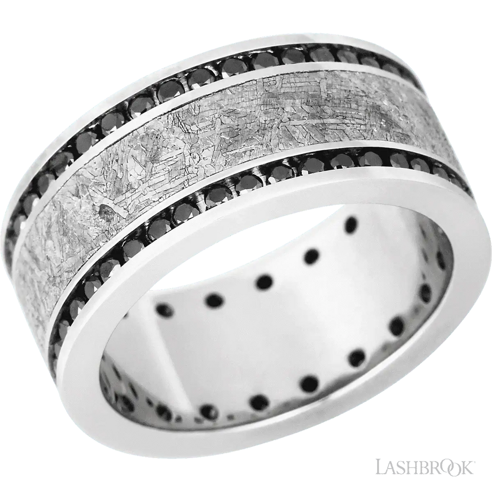 Cobalt Chrome flat band with a meteorite inlay and black diamonds channel set - 8MM - Larson Jewelers