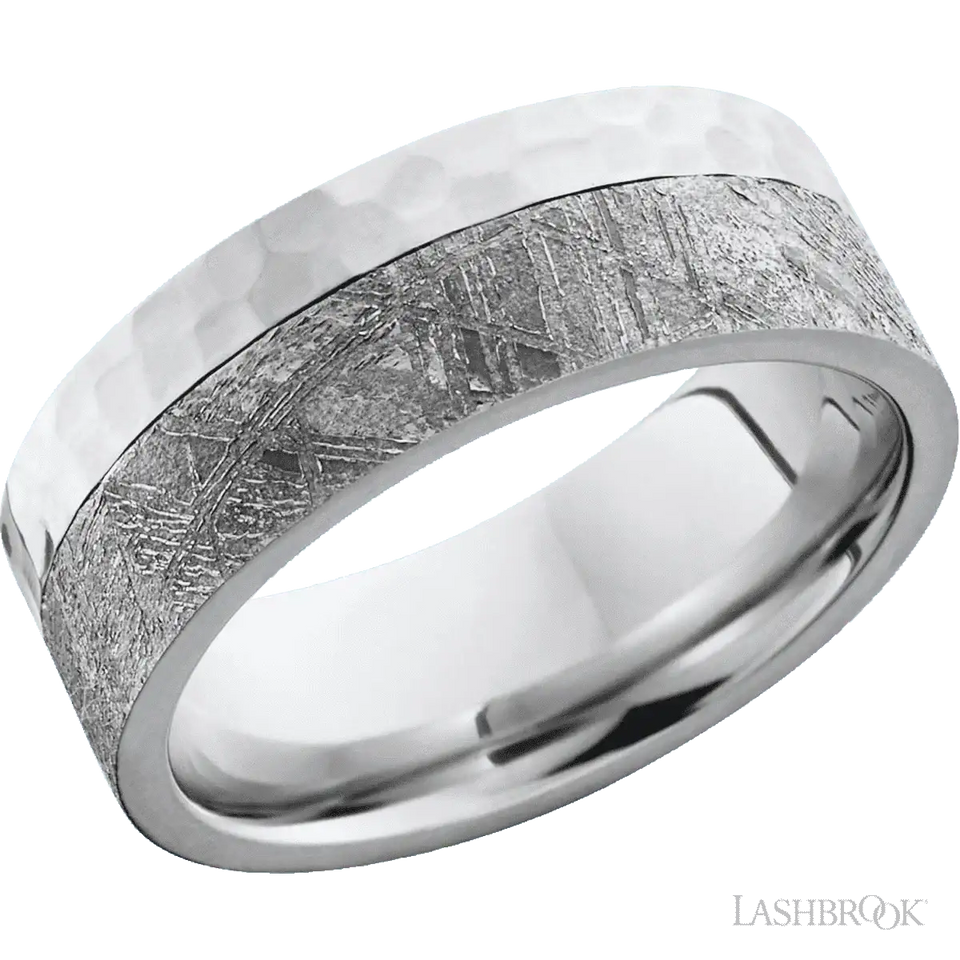 Cobalt Chrome flat band with an off-center meteorite inlay - 8MM - Larson Jewelers