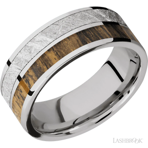 Cobalt Chrome flat band with a meteorite and hardwood inlays - 8MM - Larson Jewelers