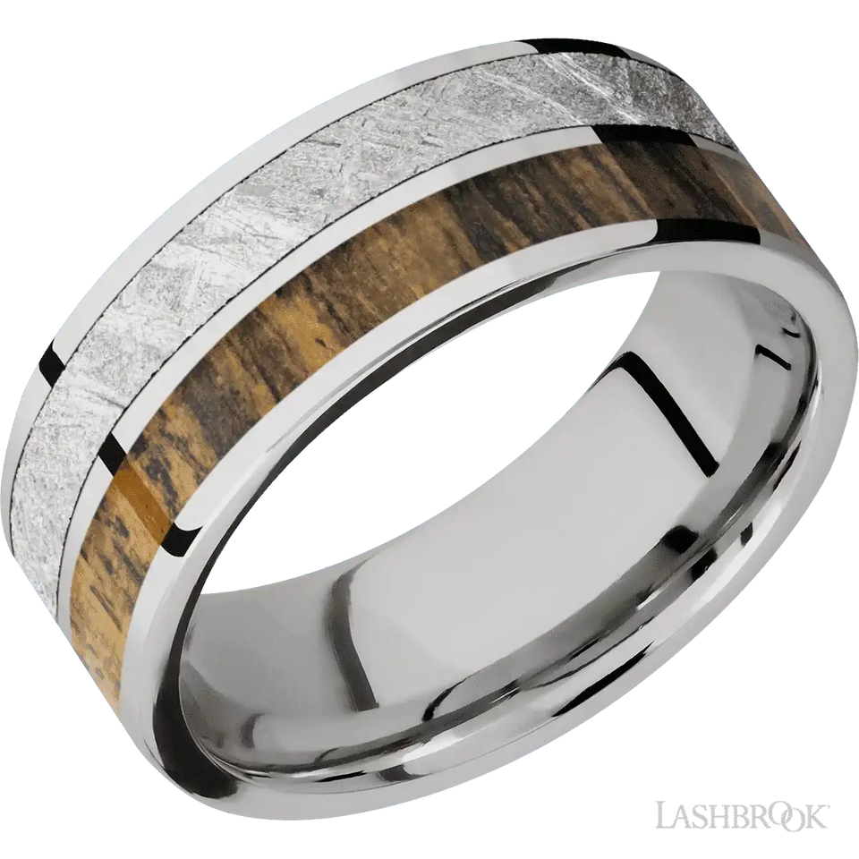 Cobalt Chrome flat band with a meteorite and hardwood inlays - 8MM - Larson Jewelers