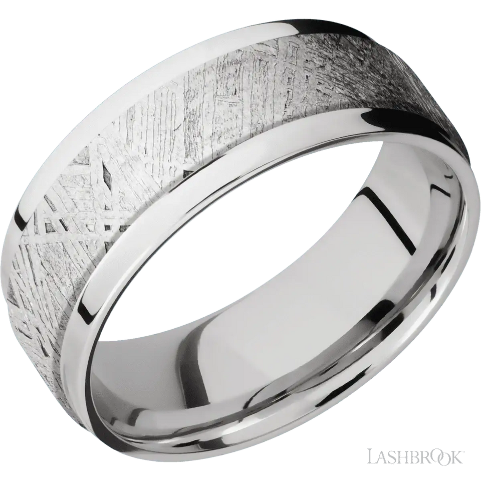 Flat Wide Grooved Edges Cobalt Chrome with Polish Finish and Meteorite Inlay - 8MM - Larson Jewelers