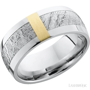 Cobalt Chrome domed band with a meteorite and 14K Yellow Gold inlay - 9MM - Larson Jewelers