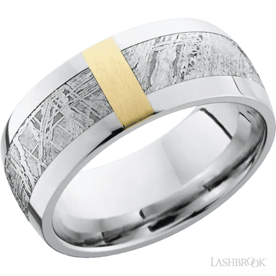 Cobalt Chrome domed band with a meteorite and 14K Yellow Gold inlay - 9MM - Larson Jewelers