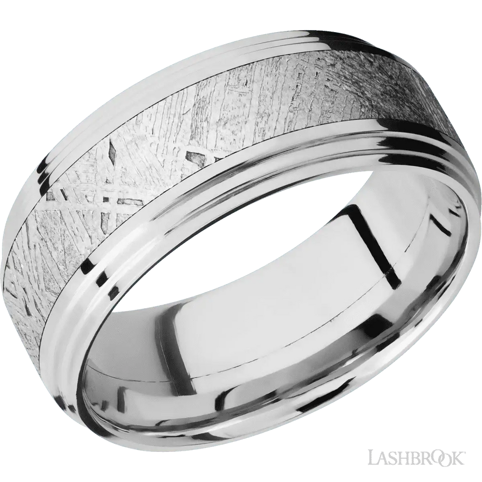 Flat Double Stepped Edges Cobalt Chrome with Polish Finish and Meteorite Inlay - 9MM - Larson Jewelers