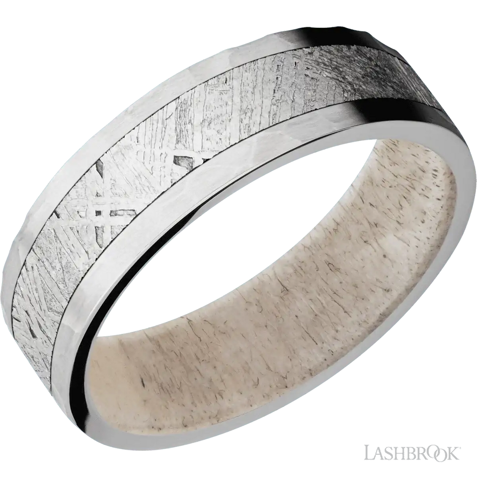 Cobalt Chrome with Hammer Finish and Meteorite Inlay and Antler - 7MM - Larson Jewelers