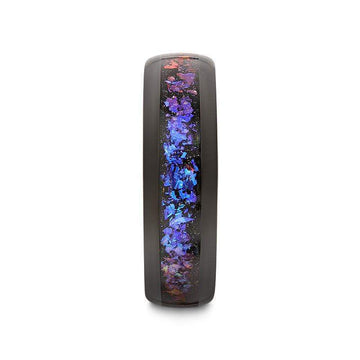 Front view of COSMIC black tungsten ring highlighting crushed Alexandrite and dark blue/purple goldstone inlay