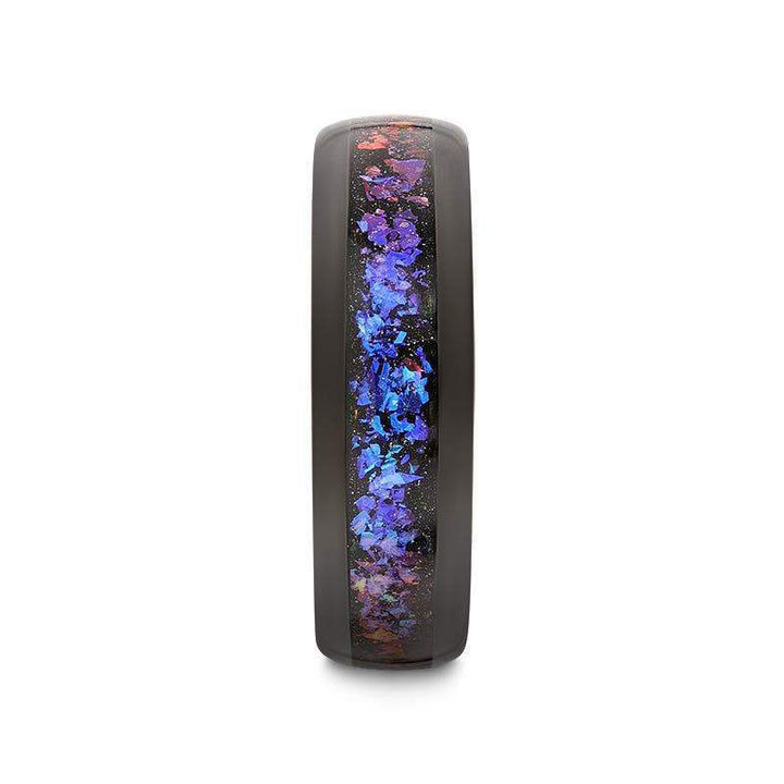 Front view of COSMIC black tungsten ring highlighting crushed Alexandrite and dark blue/purple goldstone inlay
