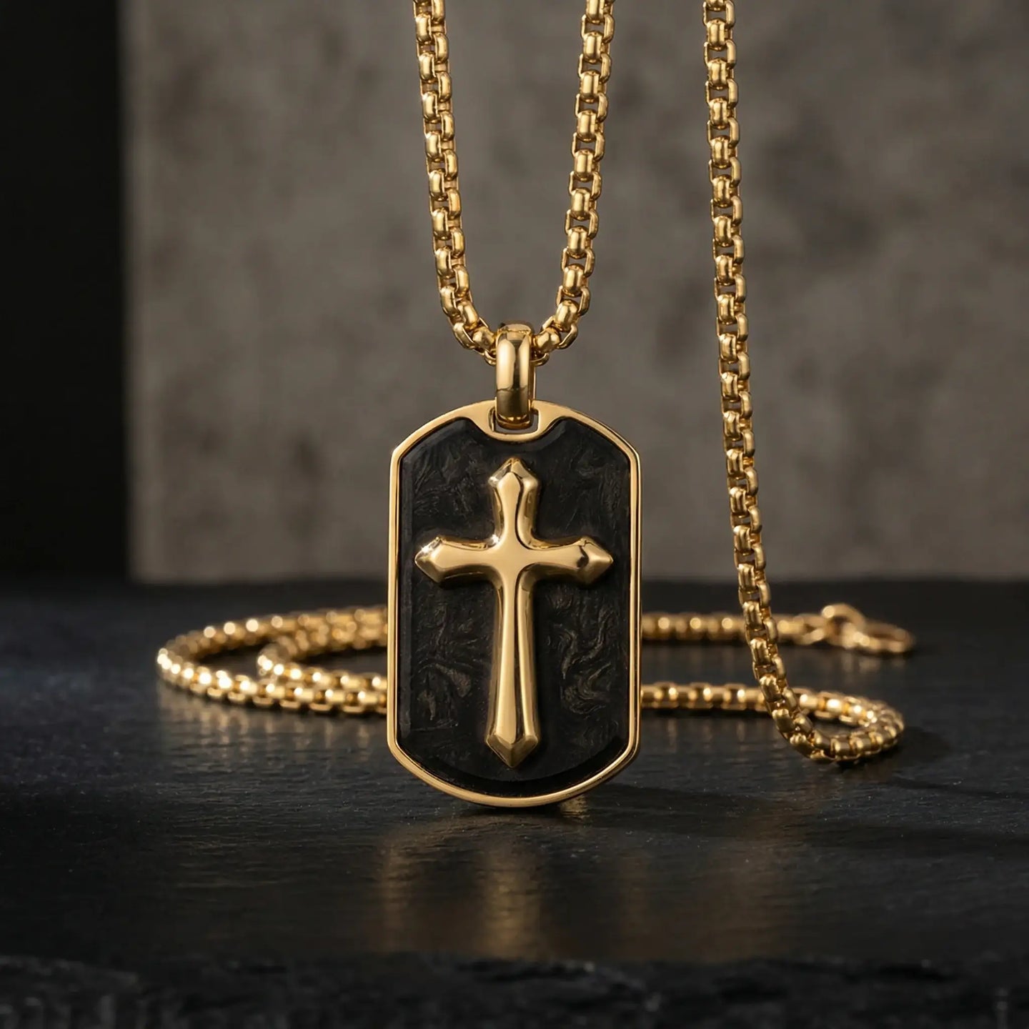 Gold Stainless Steel Cross Pendant with Forged Carbon Fiber Inlay and 22" Matching Chain - Larson Jewelers