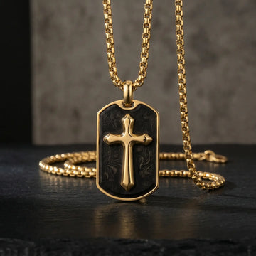 Gold Stainless Steel Cross Pendant with Forged Carbon Fiber Inlay and 22" Matching Chain - Larson Jewelers