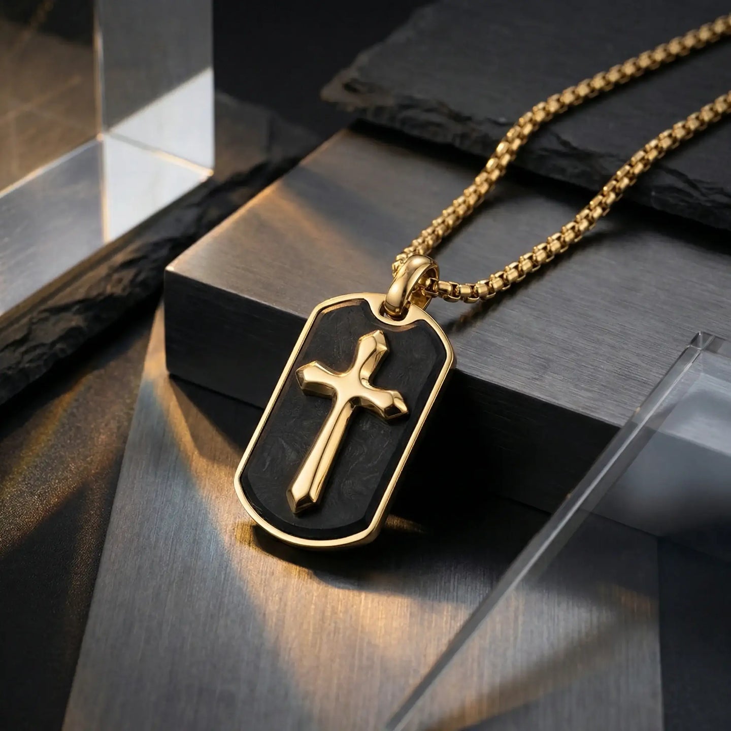 Gold Stainless Steel Cross Pendant with Forged Carbon Fiber Inlay and 22" Matching Chain - Larson Jewelers