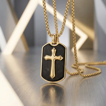 Gold Stainless Steel Cross Pendant with Forged Carbon Fiber Inlay and 22" Matching Chain - Larson Jewelers