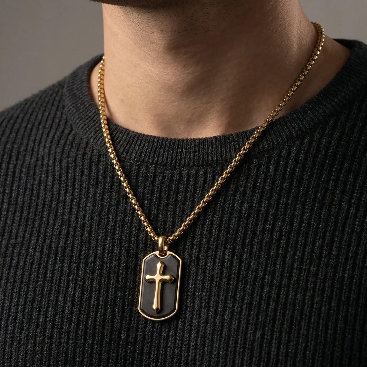Gold Stainless Steel Cross Pendant with Forged Carbon Fiber Inlay and 22" Matching Chain - Larson Jewelers