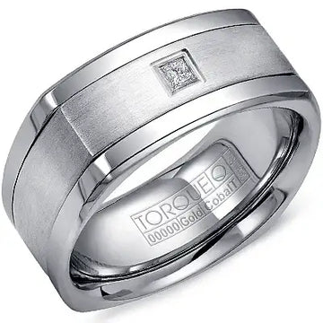 White Cobalt Satin Finish Squared Men’s Ring 10k White Gold Diamond Center by Crown Ring - 9mm - Larson Jewelers