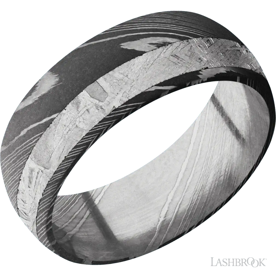 Domed Damascus with Acid Finish and Meteorite Inlay - 8MM - Larson Jewelers