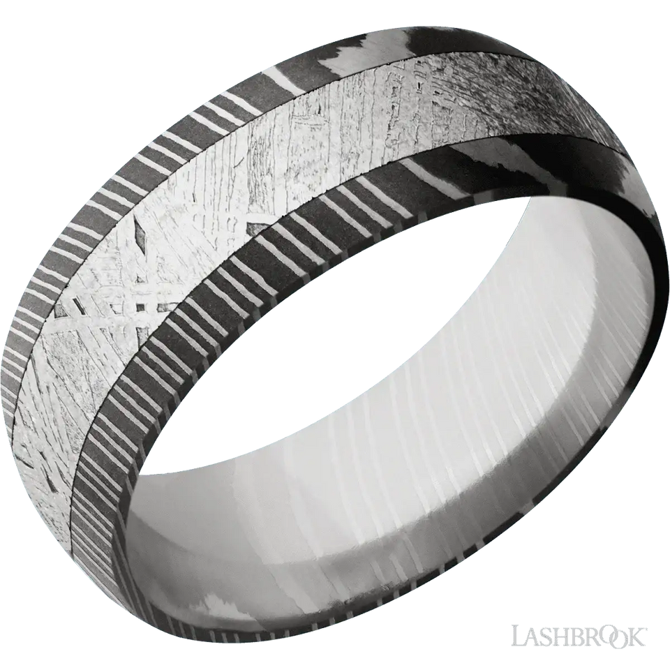 Damascus with Acid Finish and Meteorite Inlay - 8MM - Larson Jewelers