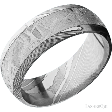 Domed Damascus with Polish Finish and Meteorite Inlay - 8MM - Larson Jewelers
