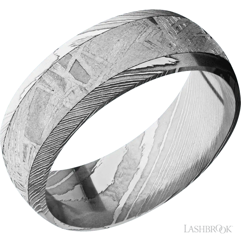 Domed Damascus with Polish Finish and Meteorite Inlay - 8MM - Larson Jewelers