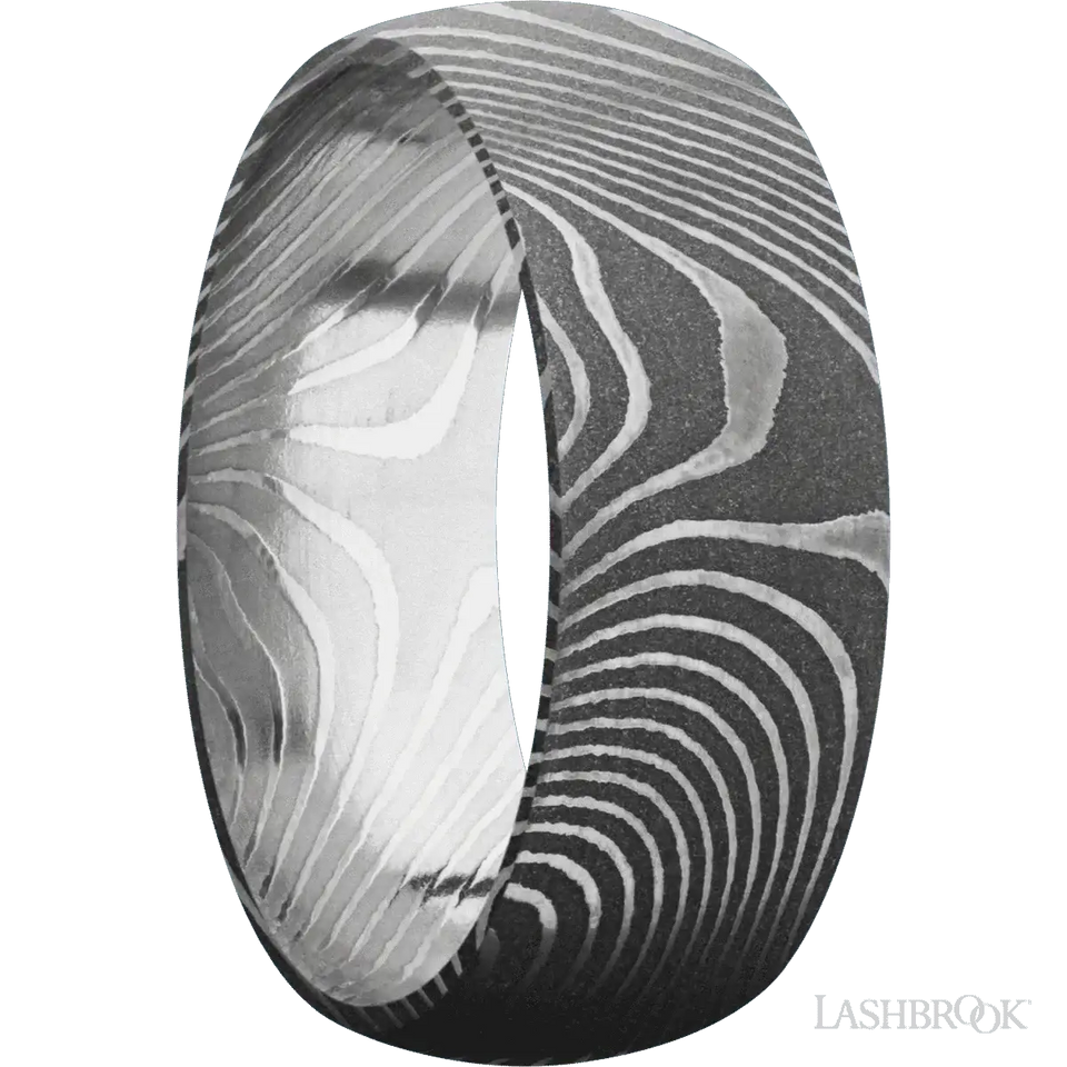 JIN Black Damascus Steel Pattern Polished Damascus Steel Ring by Lashbrook Designs - 8mm - Larson Jewelers